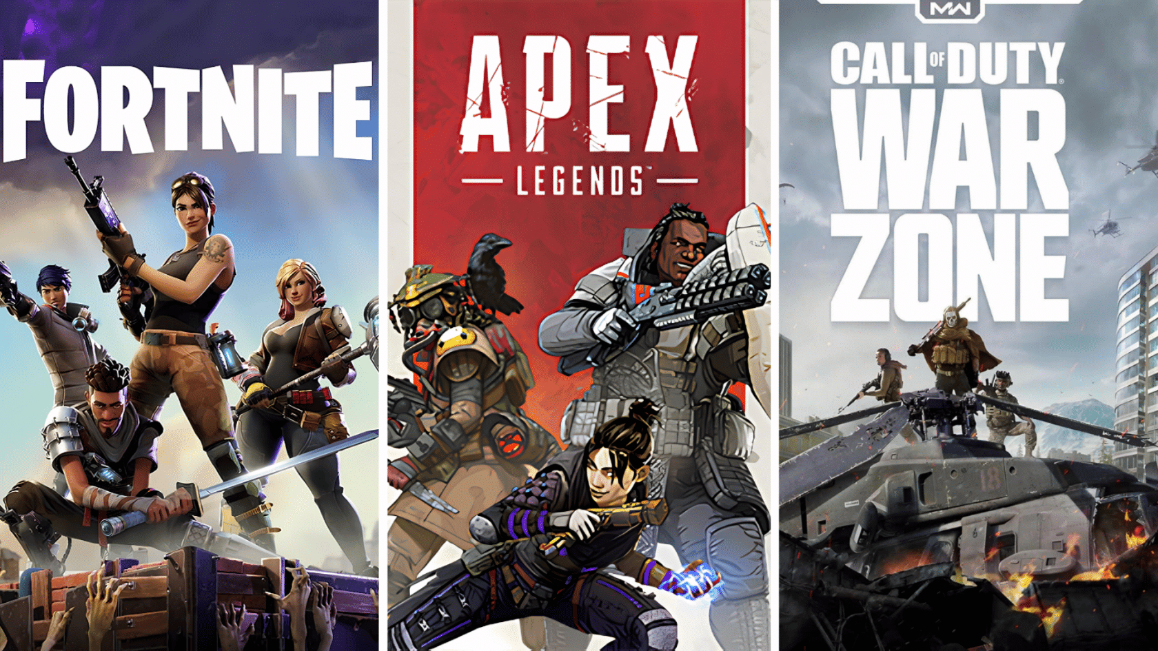 Popular live service games featuring Fortnite, Apex Legends, and Call of Duty Warzone characters.