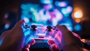 Hands holding a glowing gaming controller while playing a video game in a colorful dark room.