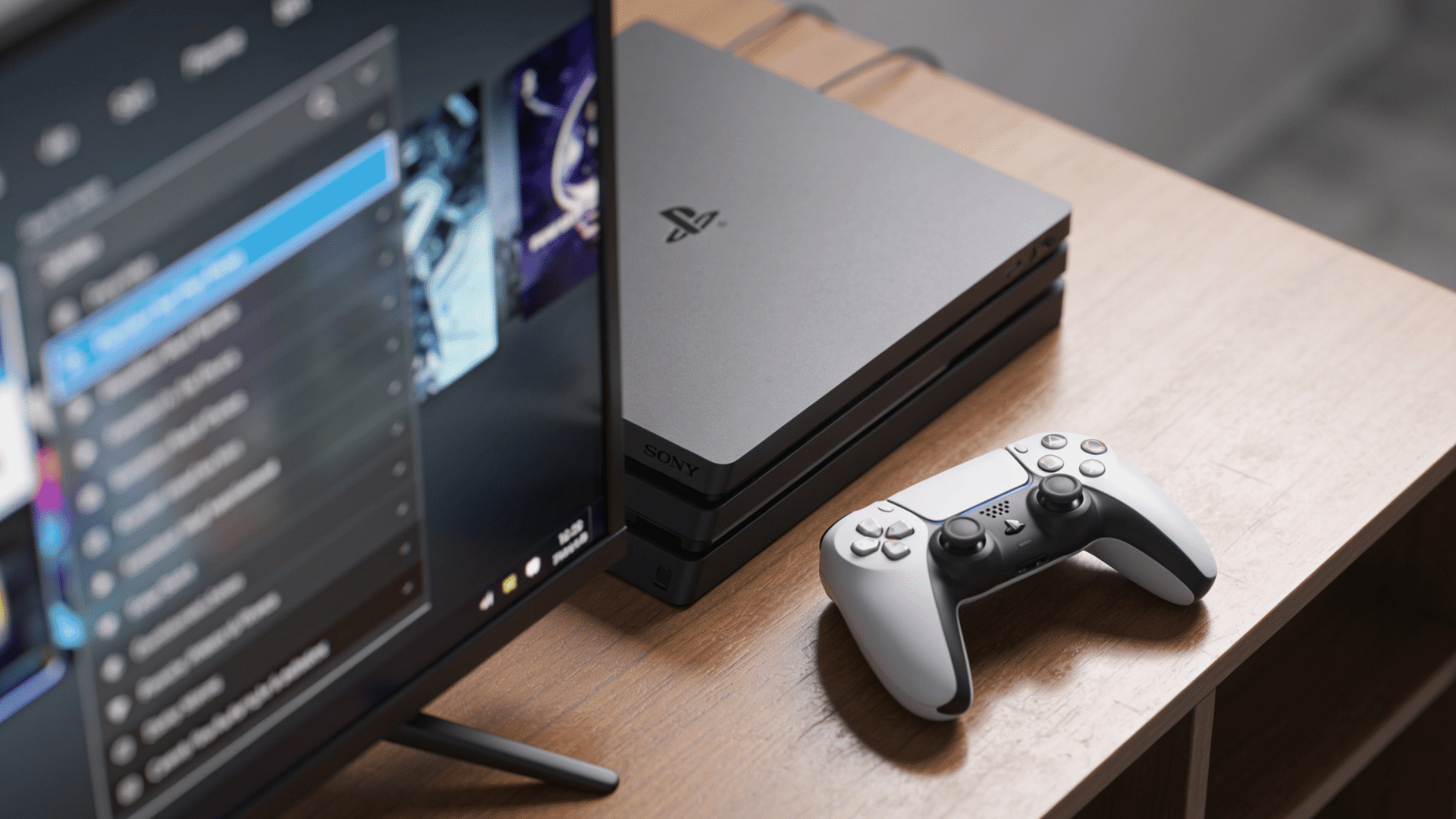 PS4 console with controller beside a monitor displaying a gaming interface on a desk.