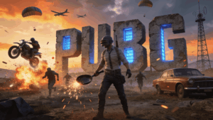 PUBG battle scene with a player, parachutes, vehicles, explosions, and glowing PUBG logo in the background.