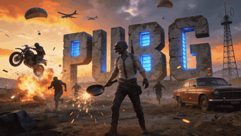 PUBG battle scene with a player, parachutes, vehicles, explosions, and glowing PUBG logo in the background.