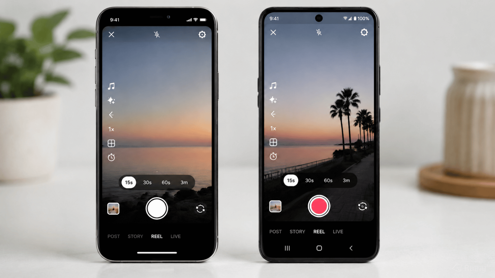 Two smartphones showing Reel recording interfaces with duration options on both screens