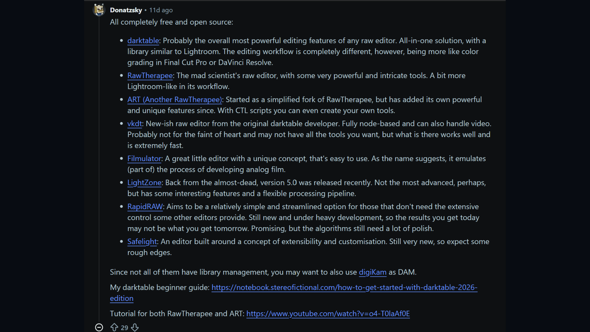 Reddit comment listing free and open-source raw photo editing software, including darktable, RawTherapee, ART, vkdt, Filmulator, LightZone, RapidRAW, and SateLight.