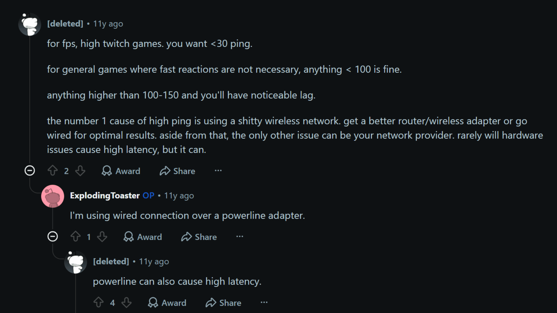 Reddit discussion thread showing comments about internet ping, latency, and network connections.