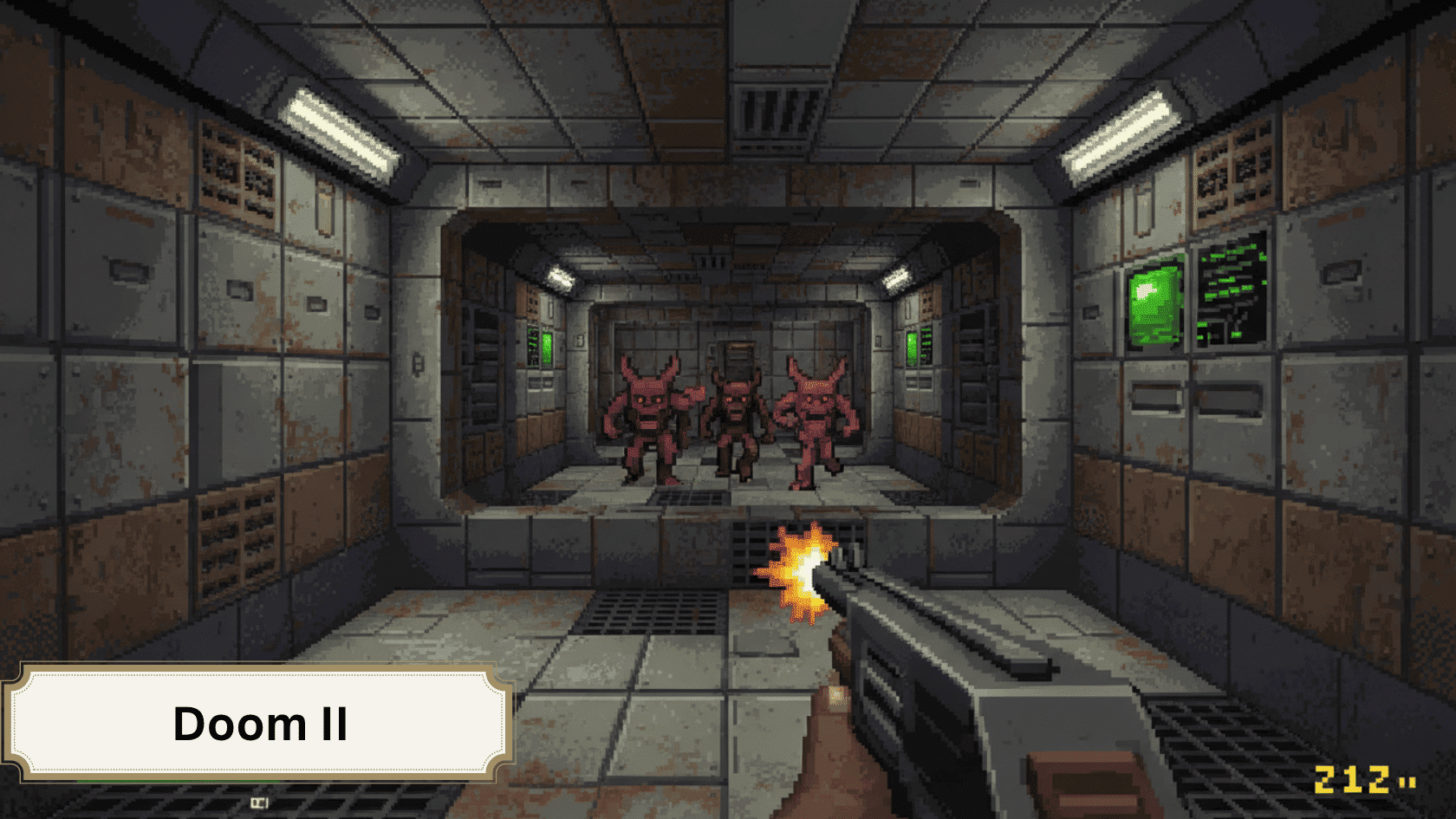 Retro 1994 first-person shooter corridor representing Doom II and classic video game facts.