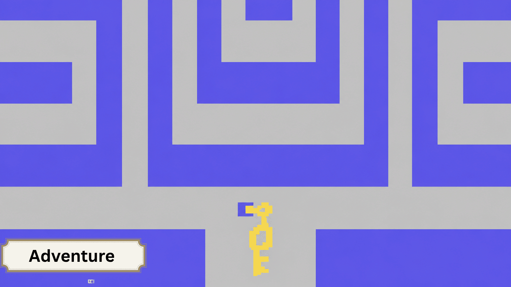 Retro pixel maze with purple walls and a yellow key at the bottom center.