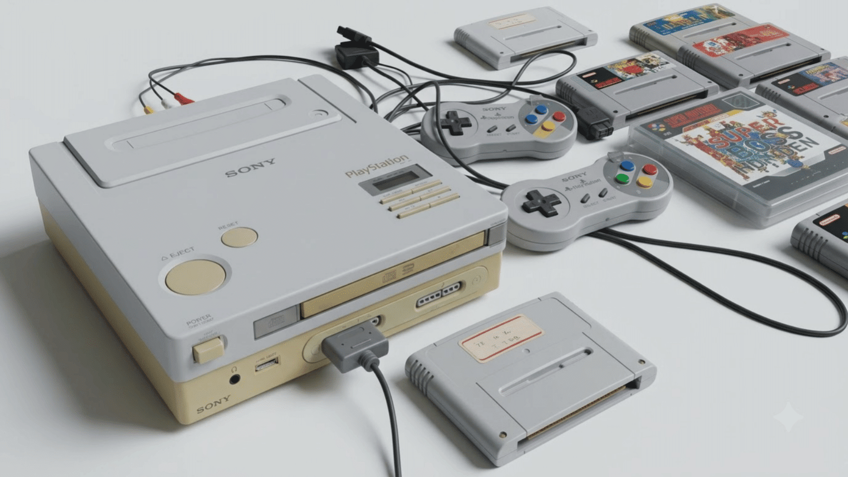 Retro Sony PlayStation console with controllers, cables, and game cartridges on a table.