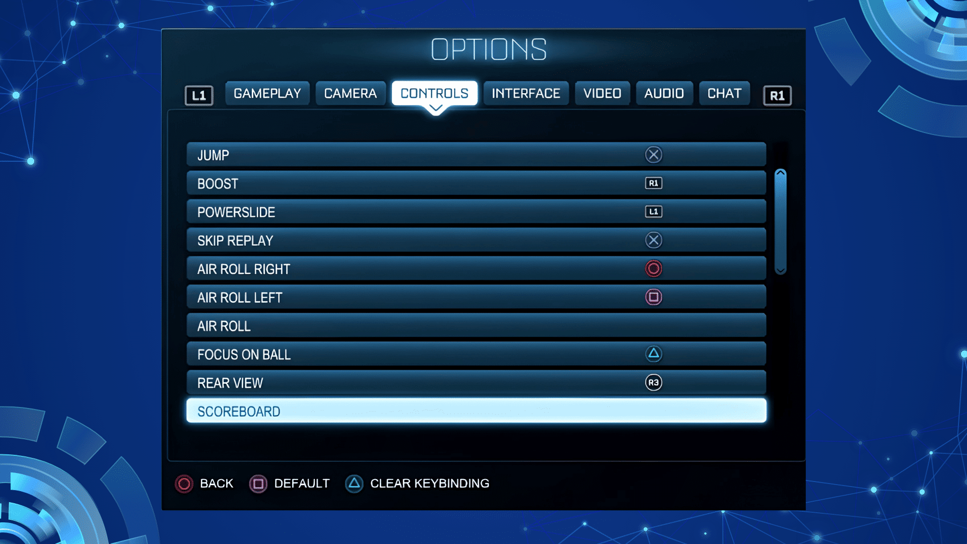 Rocket League controller settings menu showing gameplay control bindings and button assignments.