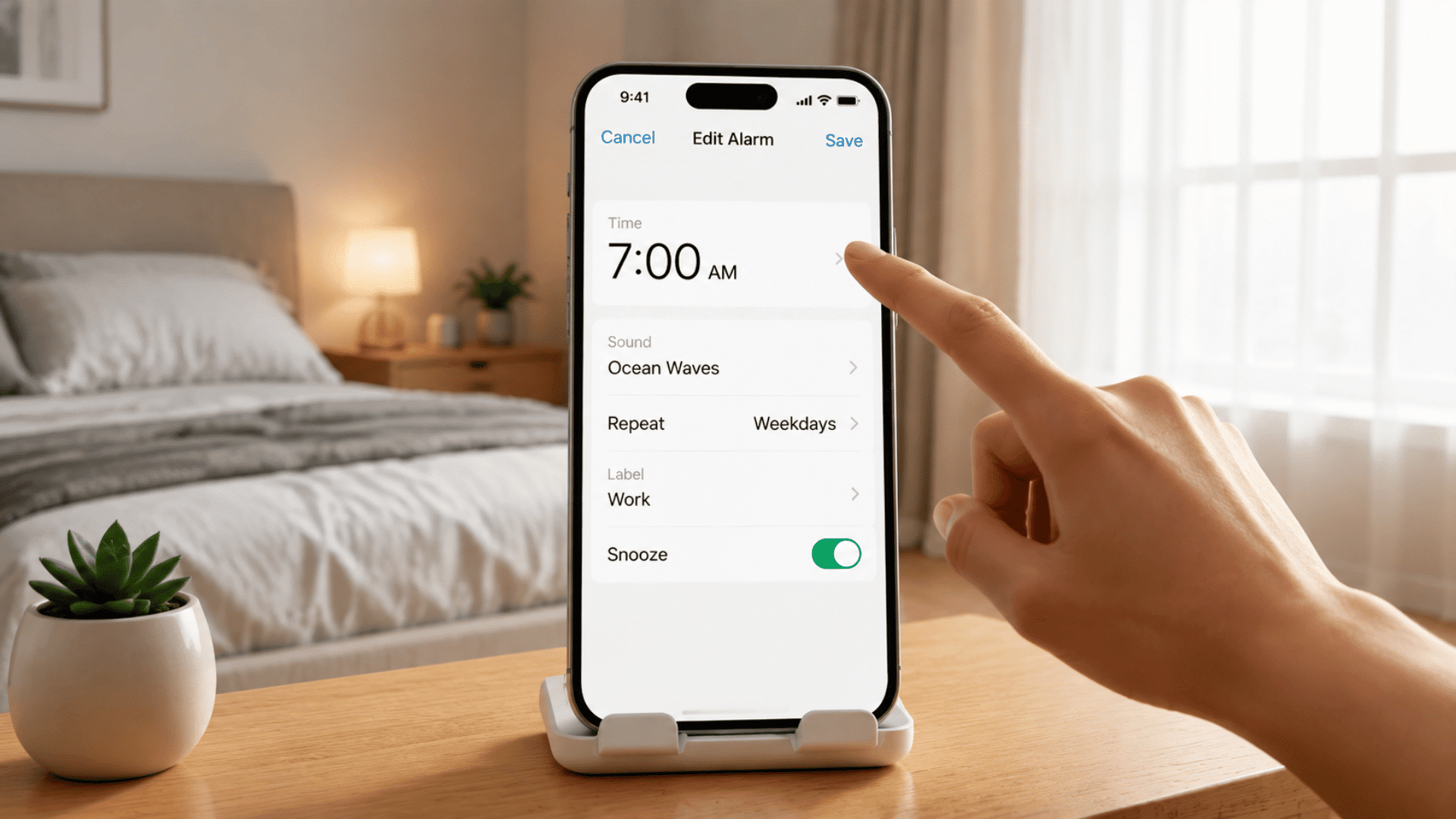 how to change alarm sound on iphone with iPhone Edit Alarm screen showing Sound option and hand touching screen