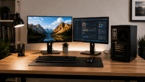 Setting up two monitors with dual screens connected to a desktop PC on a desk setup