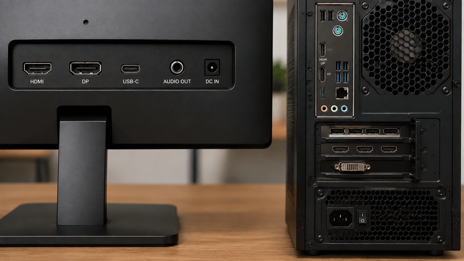 Setting up two monitors with HDMI, DisplayPort, and USB-C ports on a monitor and desktop PC