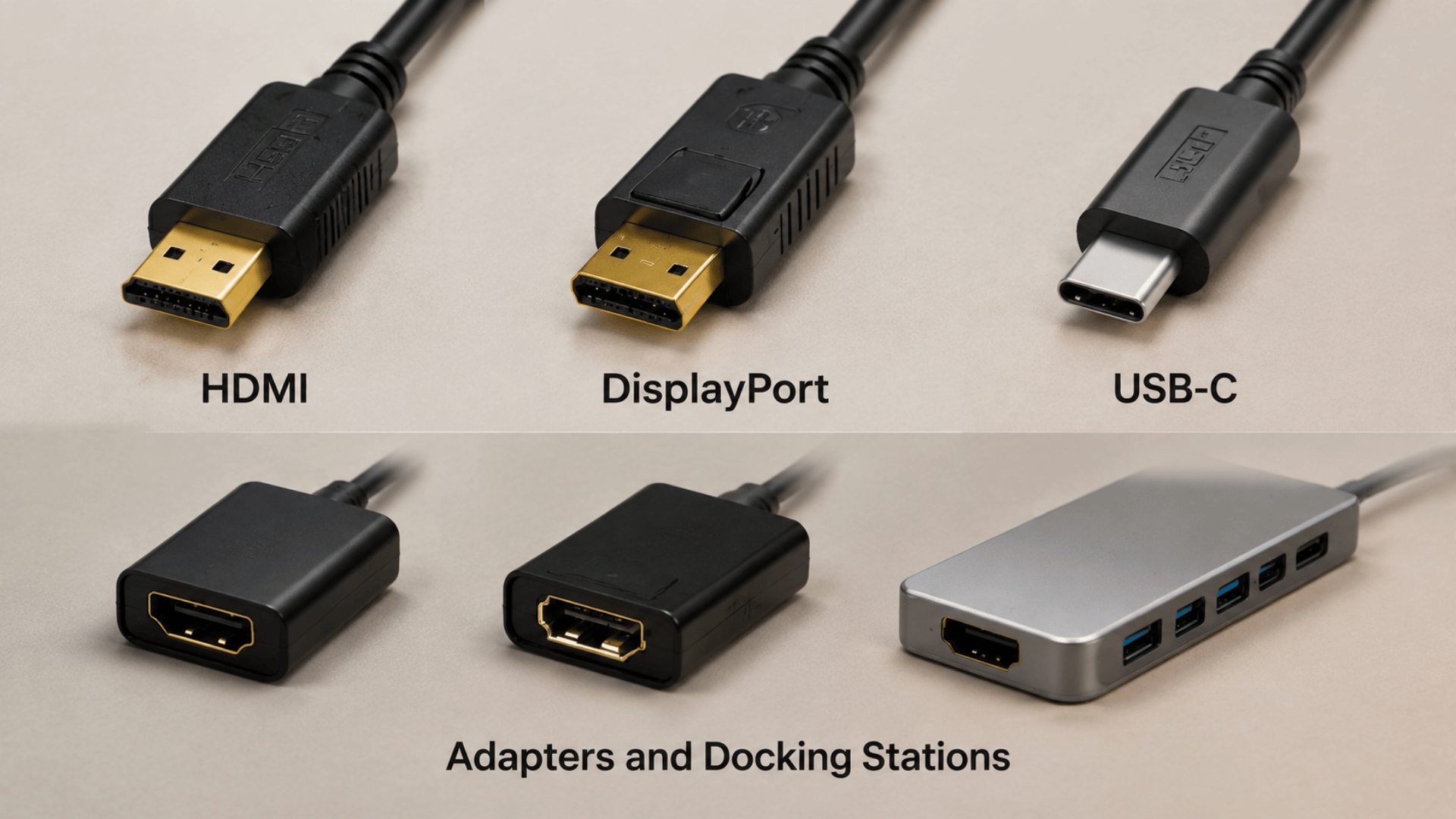 Setting up two monitors with HDMI, DisplayPort, USB-C cables, adapters, and docking station