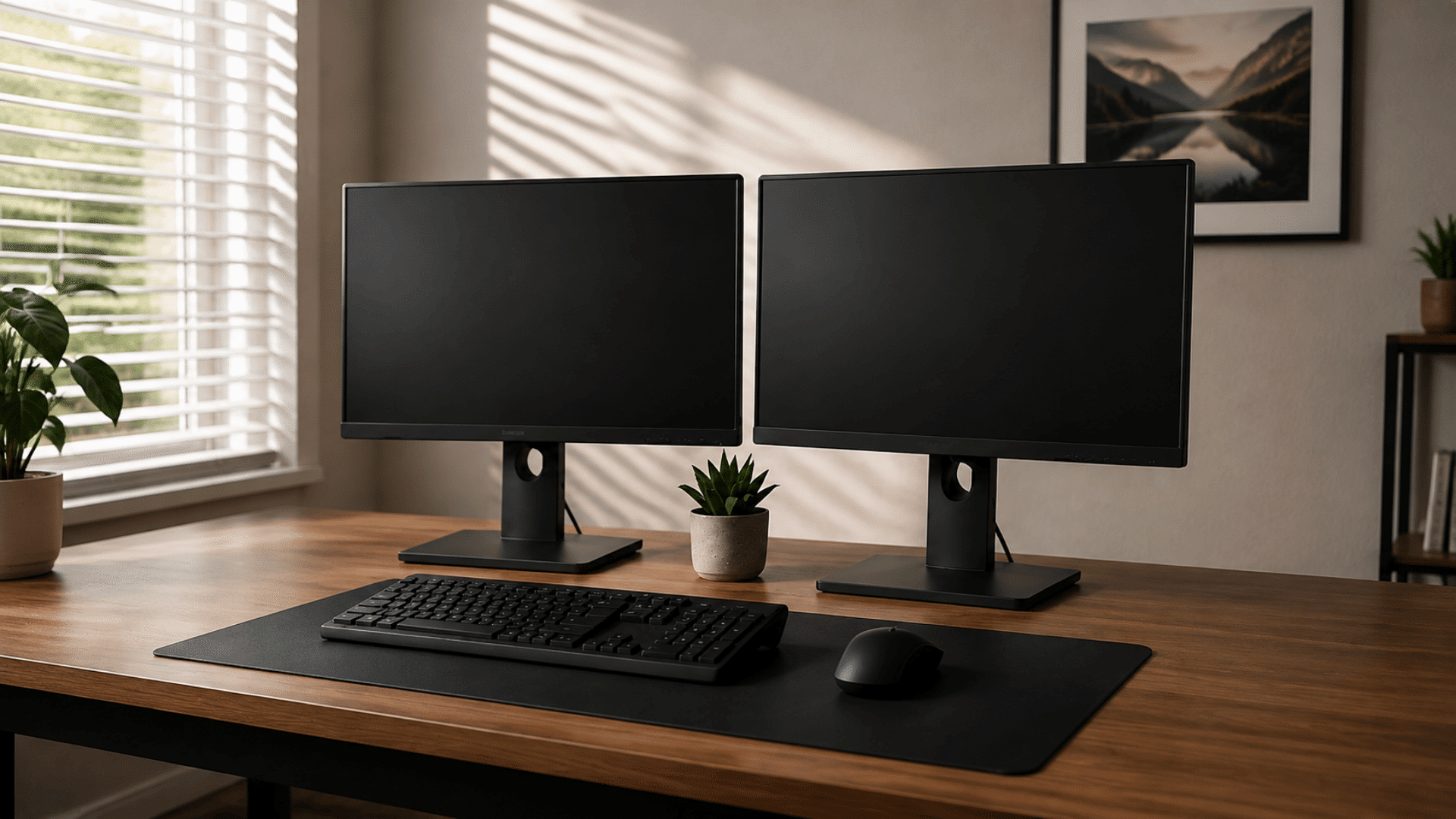 Setting up two monitors with two screens, keyboard, mouse, and desktop workspace on a desk