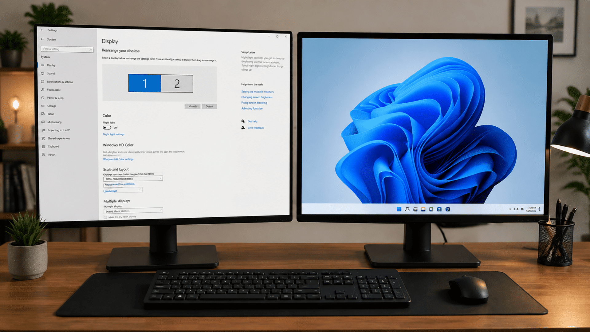 Setting up two monitors with Windows display settings showing two connected screens on a desktop setup