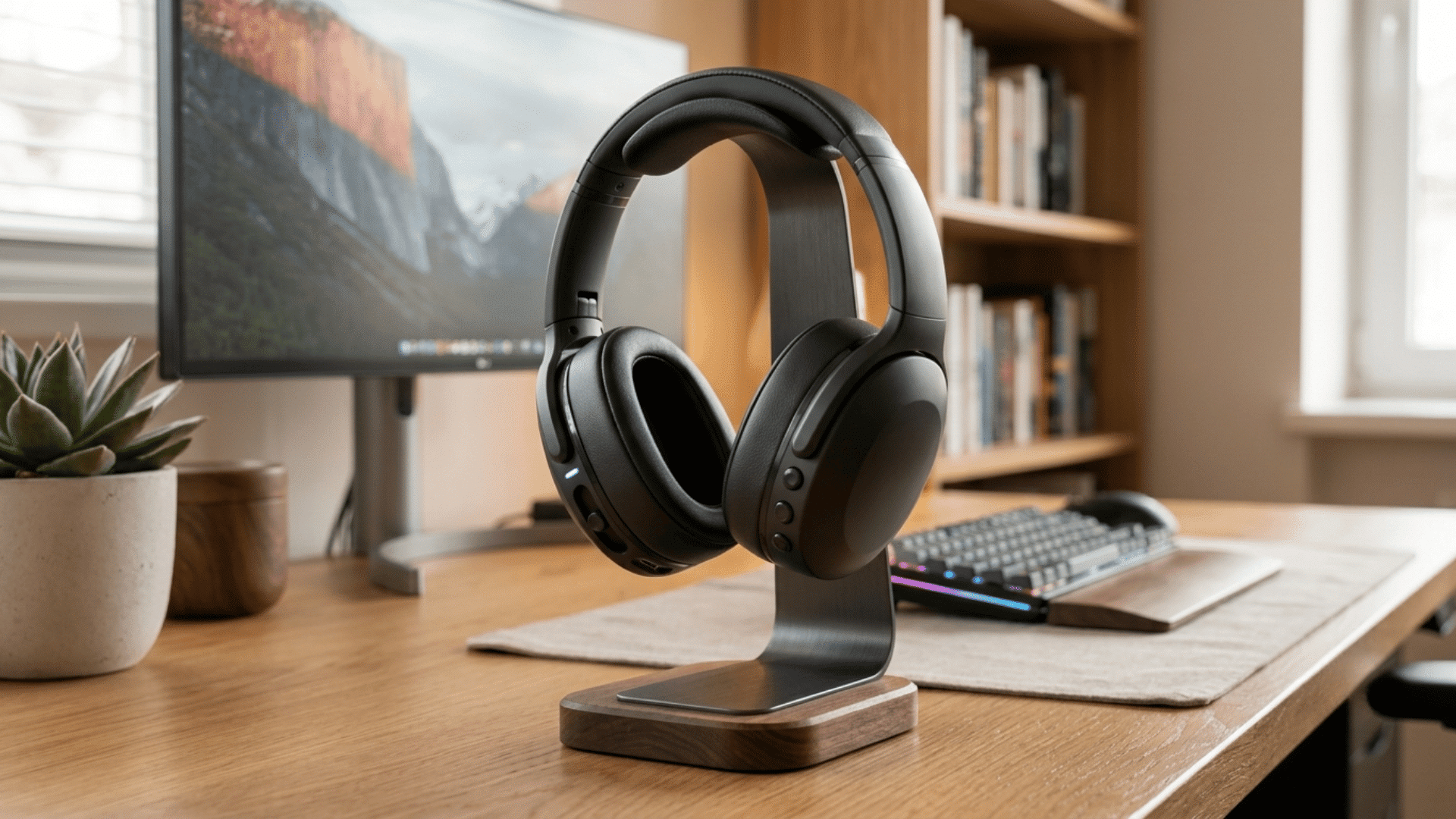 Black over-ear headphones displayed on a stand on a desk in a home office setup.