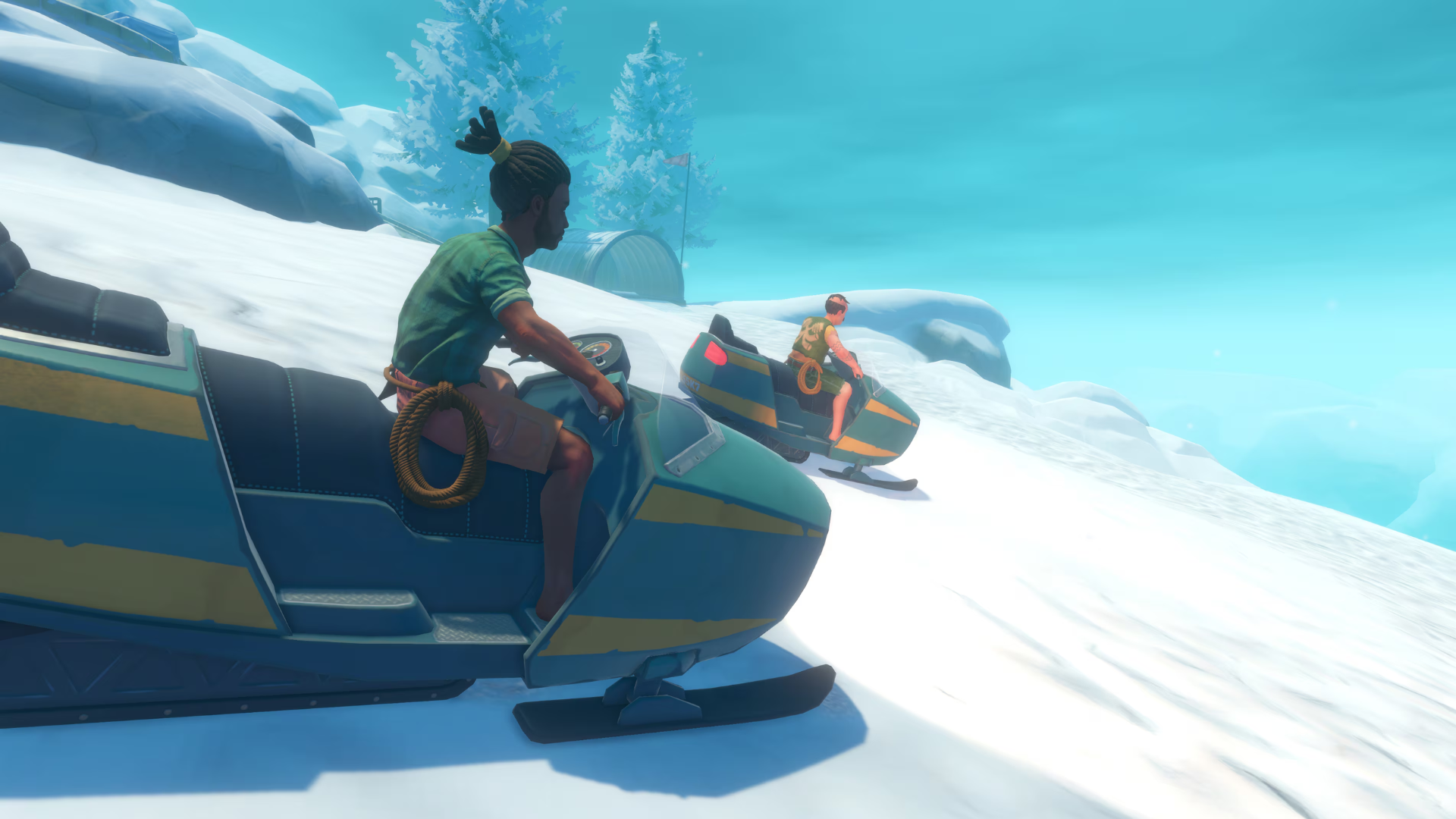 snowy raft gameplay scene showing players riding snowmobiles across an icy landscape with mountains in the background