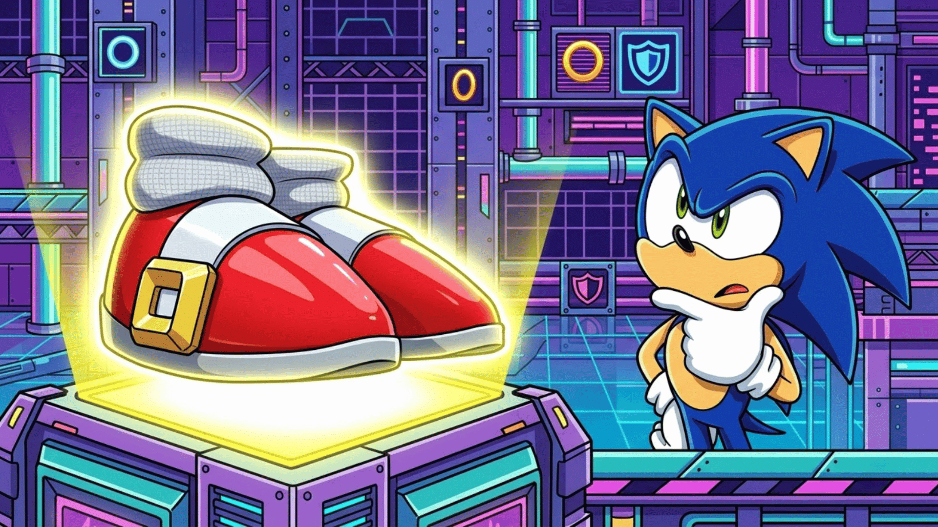 Sonic beside his red shoes in a colorful retro game setting, highlighting a classic video game character design.