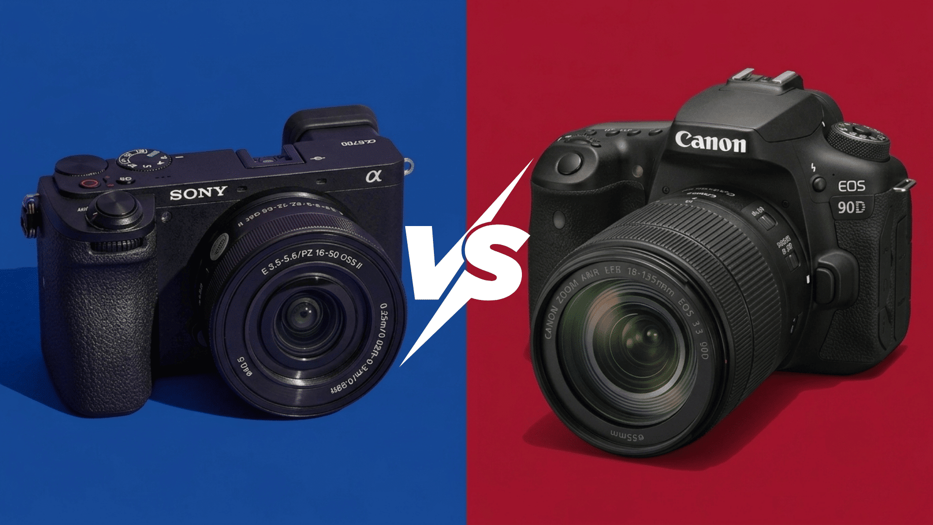 Sony mirrorless camera and Canon DSLR camera side by side on blue and red backgrounds with a white VS symbol.