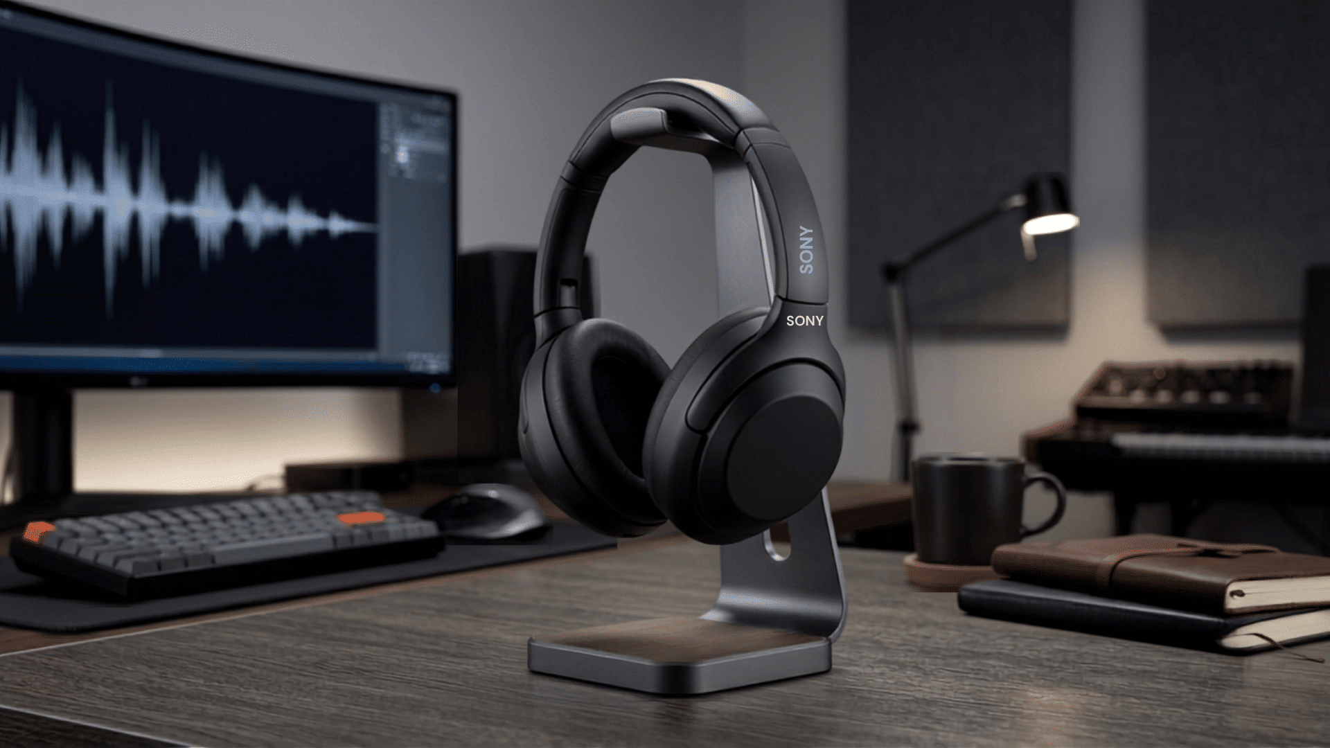 Black over-ear headphones displayed on a stand on a desk with a computer monitor in the background.