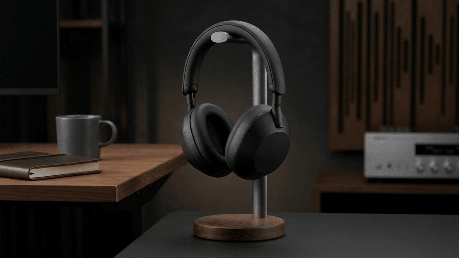 Black over-ear headphones displayed on a stand beside a desk in an indoor setting.