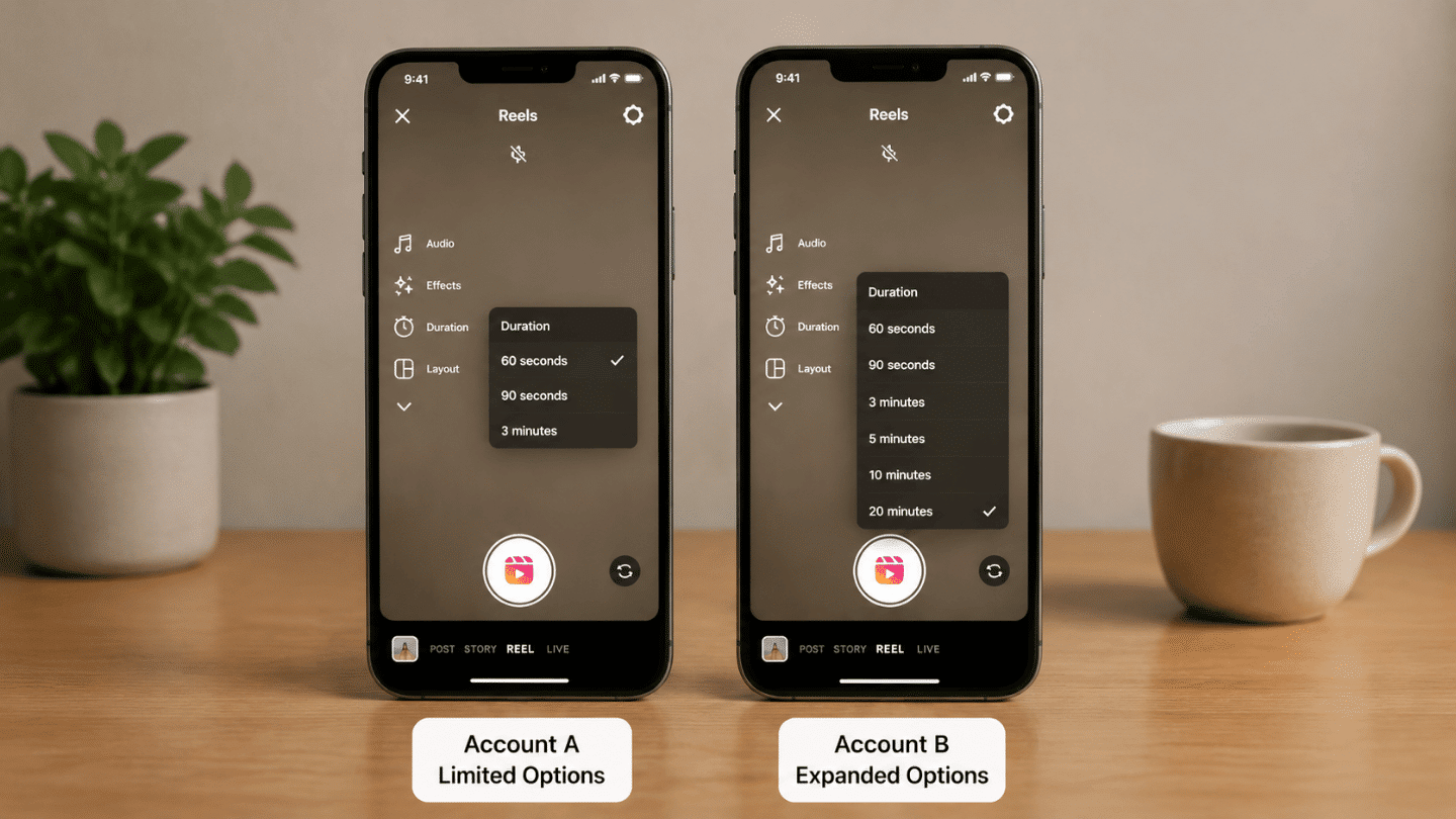 Two phones showing different Instagram Reel duration options on the same day.