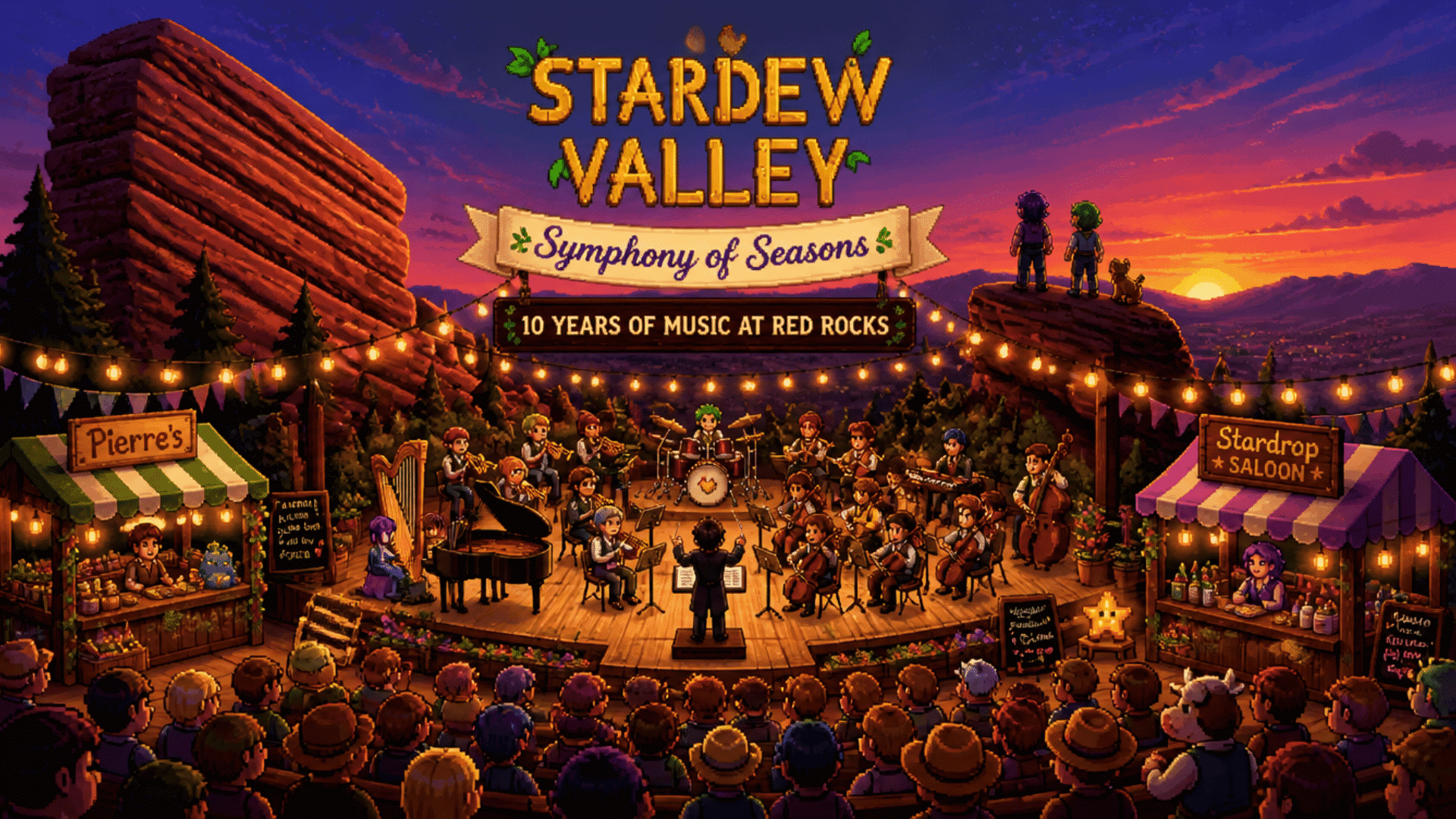 Stardew Valley concert scene with pixel art characters, orchestra stage, sunset landscape, and festival lights.
