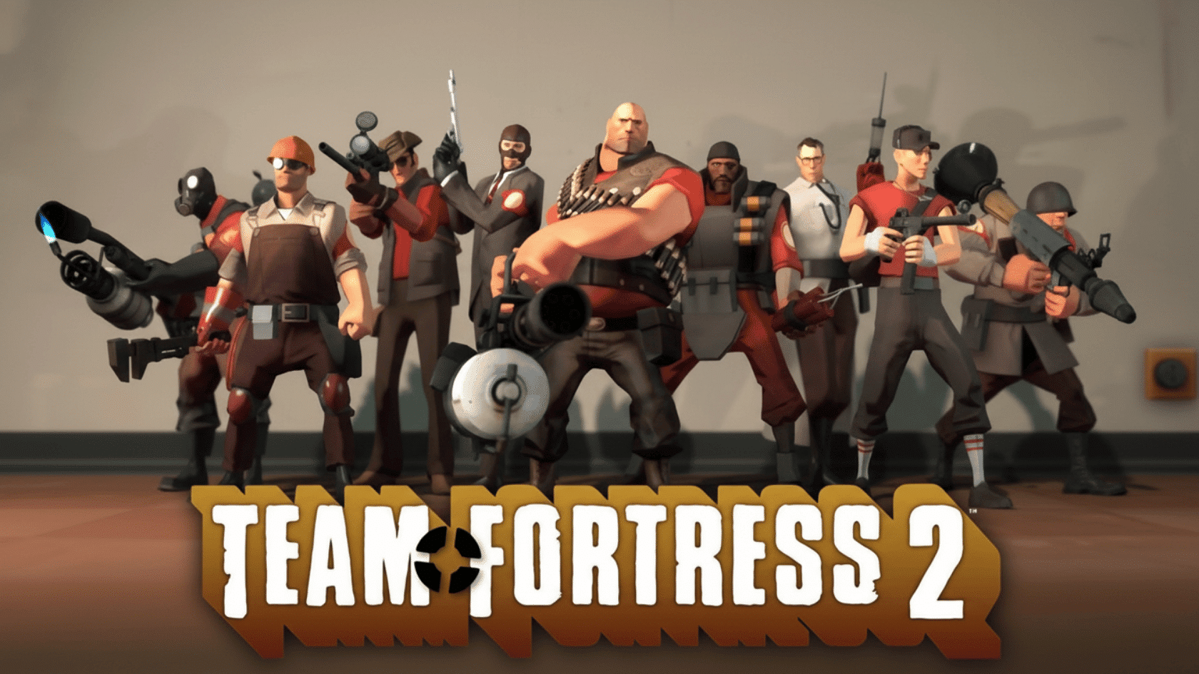 Team of stylized video game characters standing together with weapons