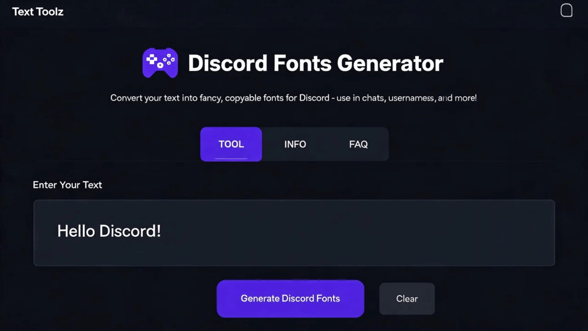 Text Toolz Discord Fonts Generator webpage showing a text input box and tool options for creating stylish Discord fonts.