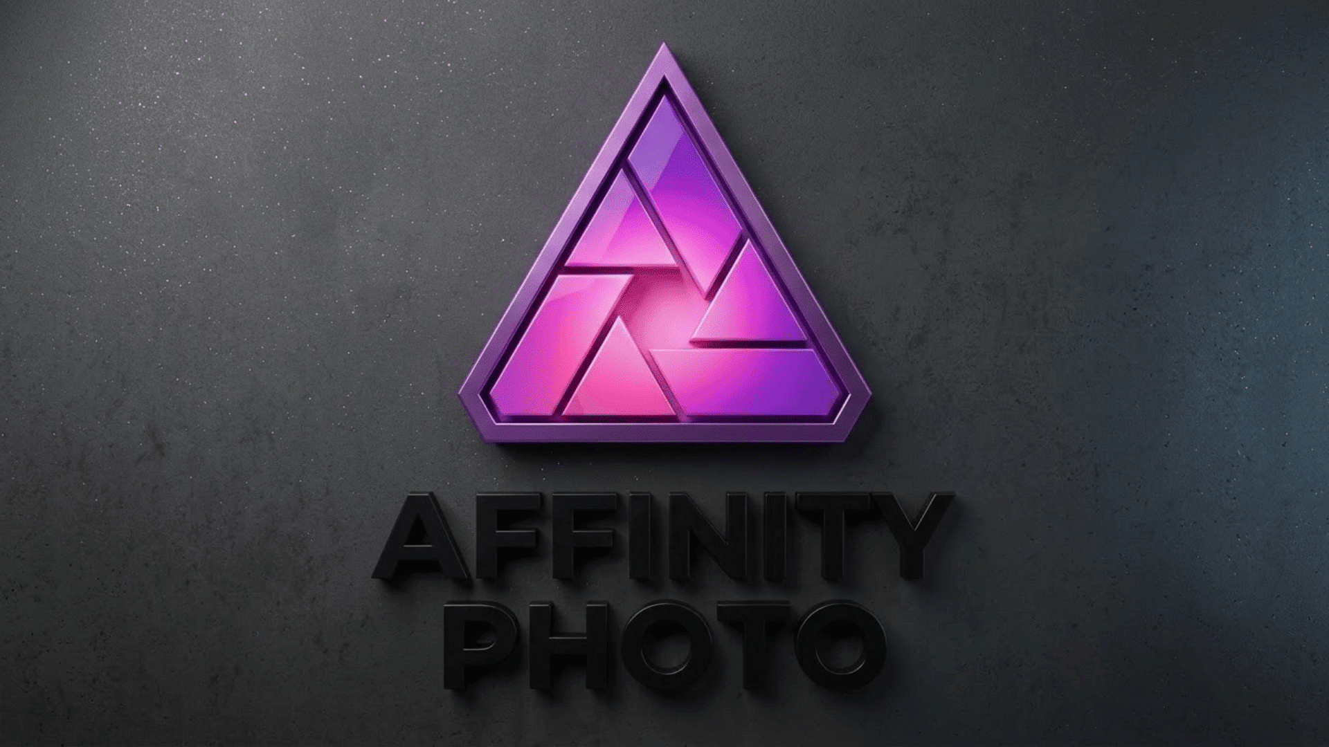 Affinity Photo logo with purple triangular icon and text on a dark textured background.