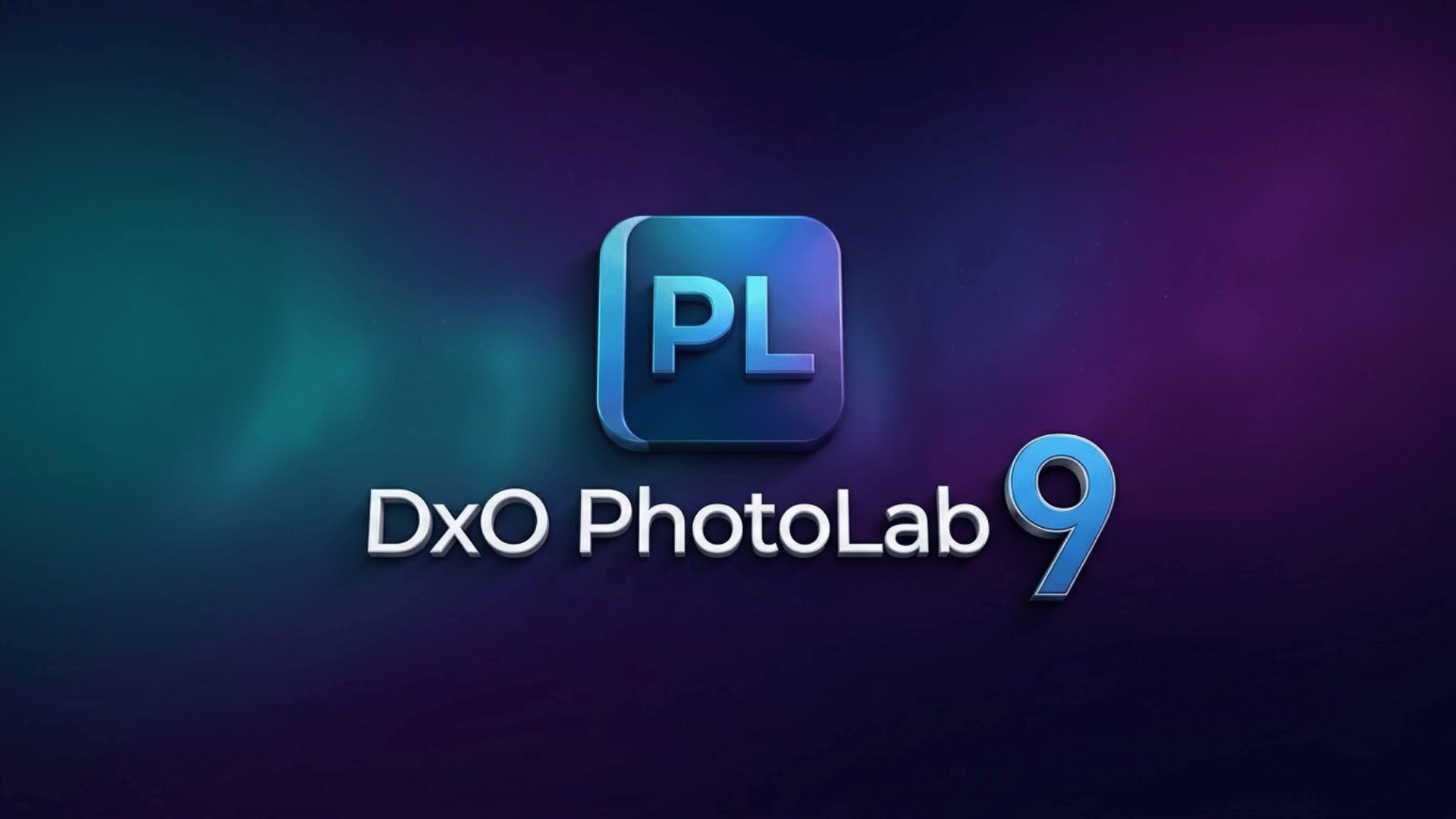 DxO PhotoLab 9 logo with blue icon and text on a dark gradient background.