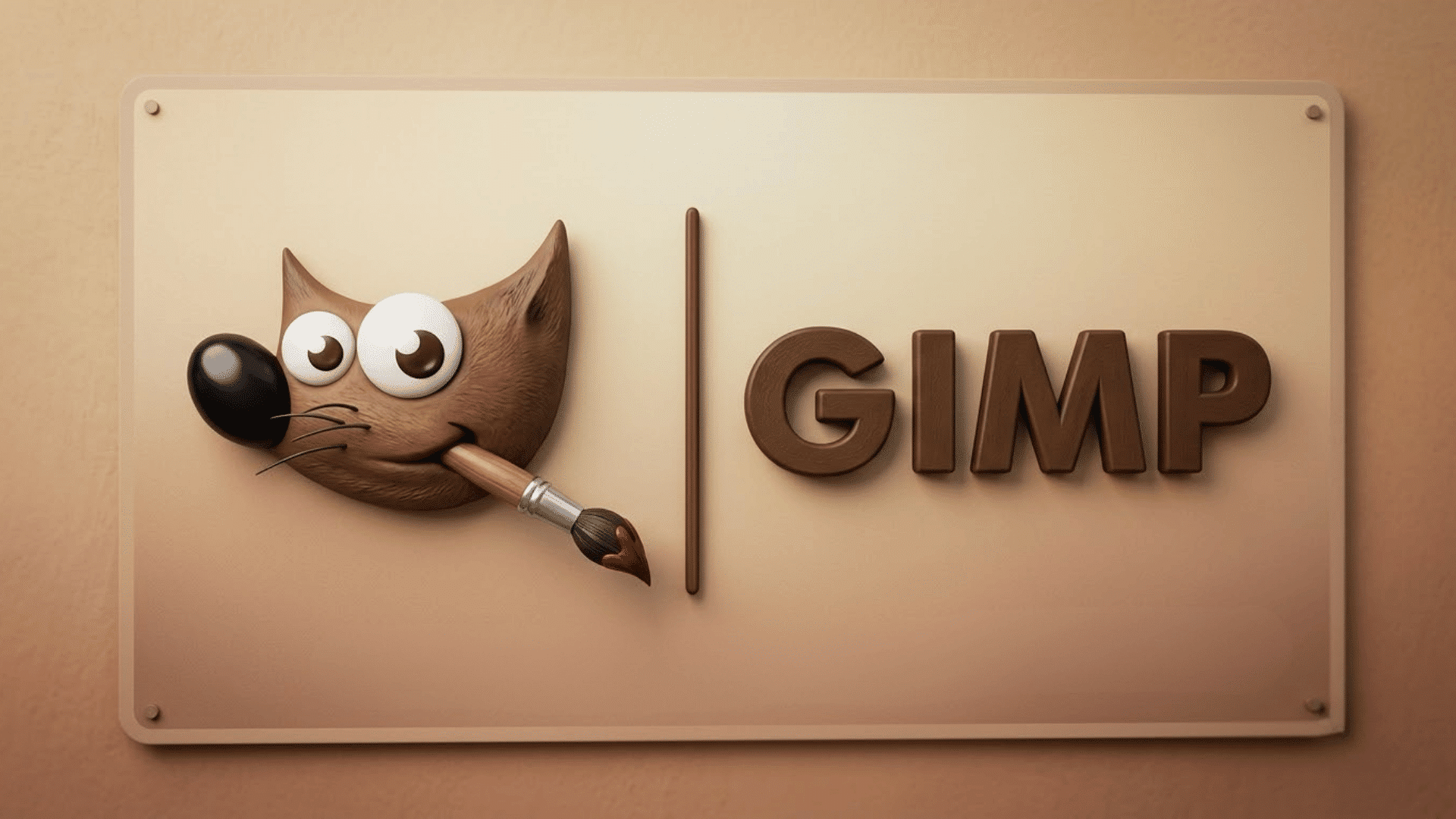 GIMP logo displayed on a beige background with the paintbrush mascot and text.