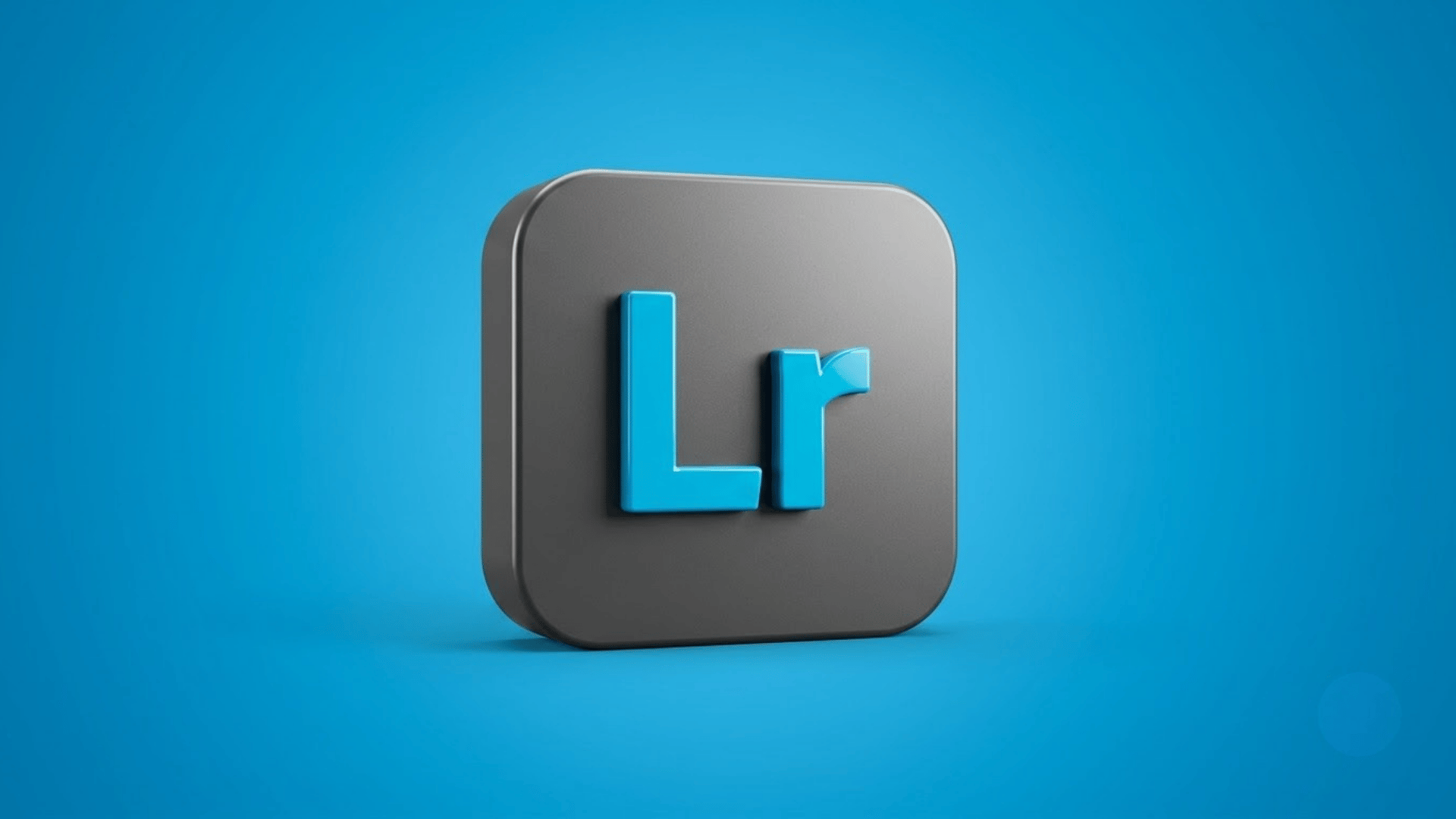 Adobe Lightroom logo with blue LR icon on a bright blue gradient background.