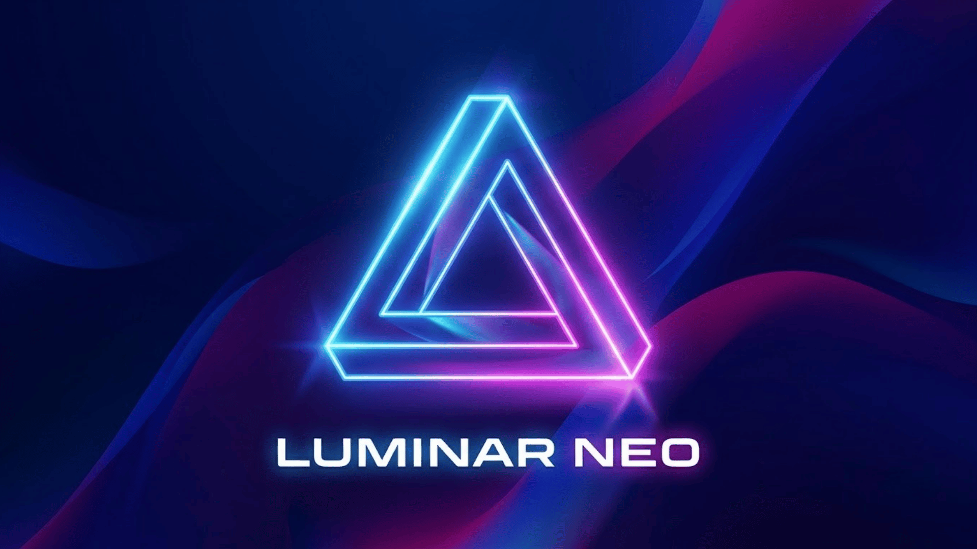 Luminar Neo logo with glowing triangular icon on a dark blue and purple background.