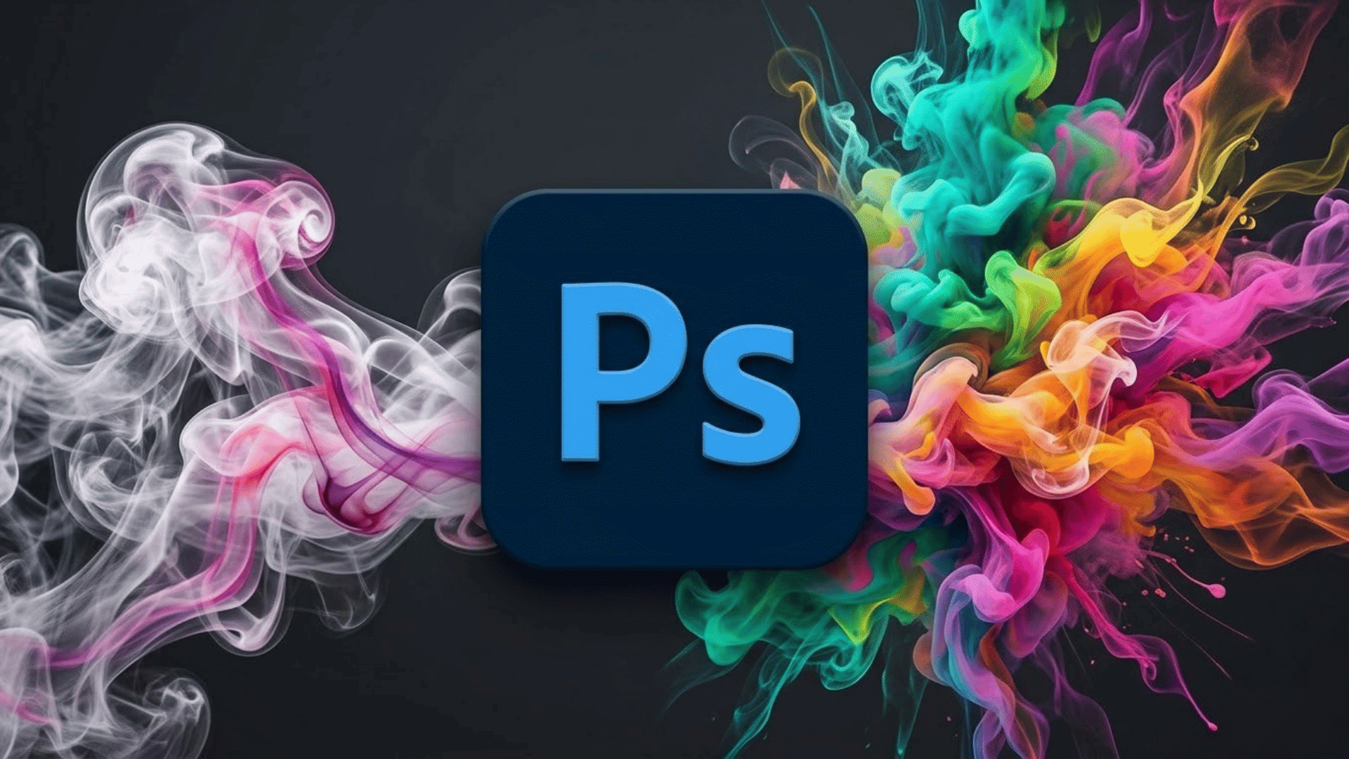 Adobe Photoshop logo with blue PS icon surrounded by colorful smoke effects.