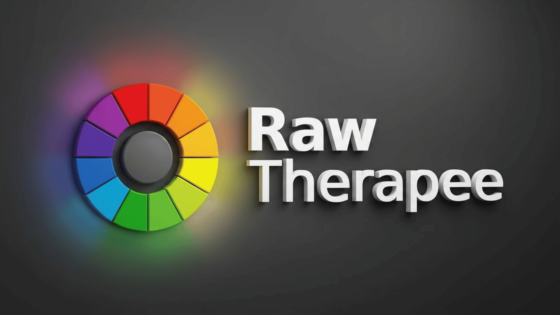 RawTherapee logo with a colorful color wheel and white text on a dark background.