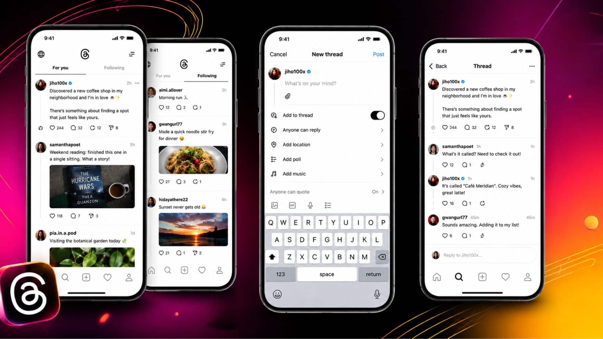 Threads app interface showing feeds, post creation, replies, and engagement features on multiple smartphone screens
