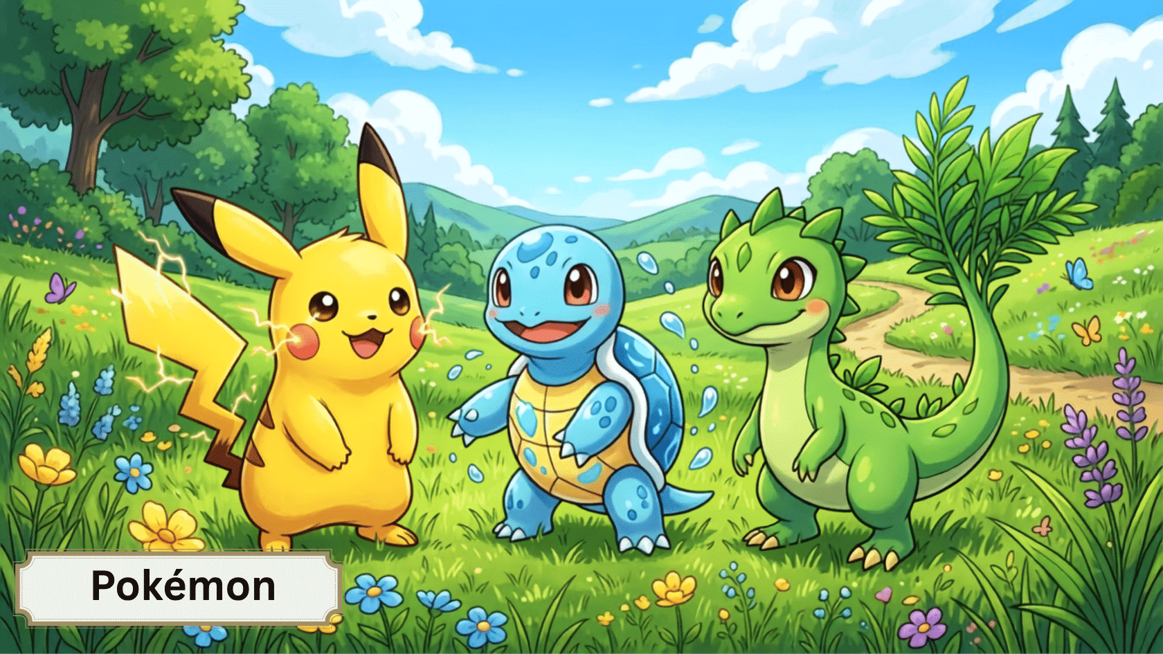 Three cute, colorful fantasy pocket monster creatures standing in a bright green grassy field.