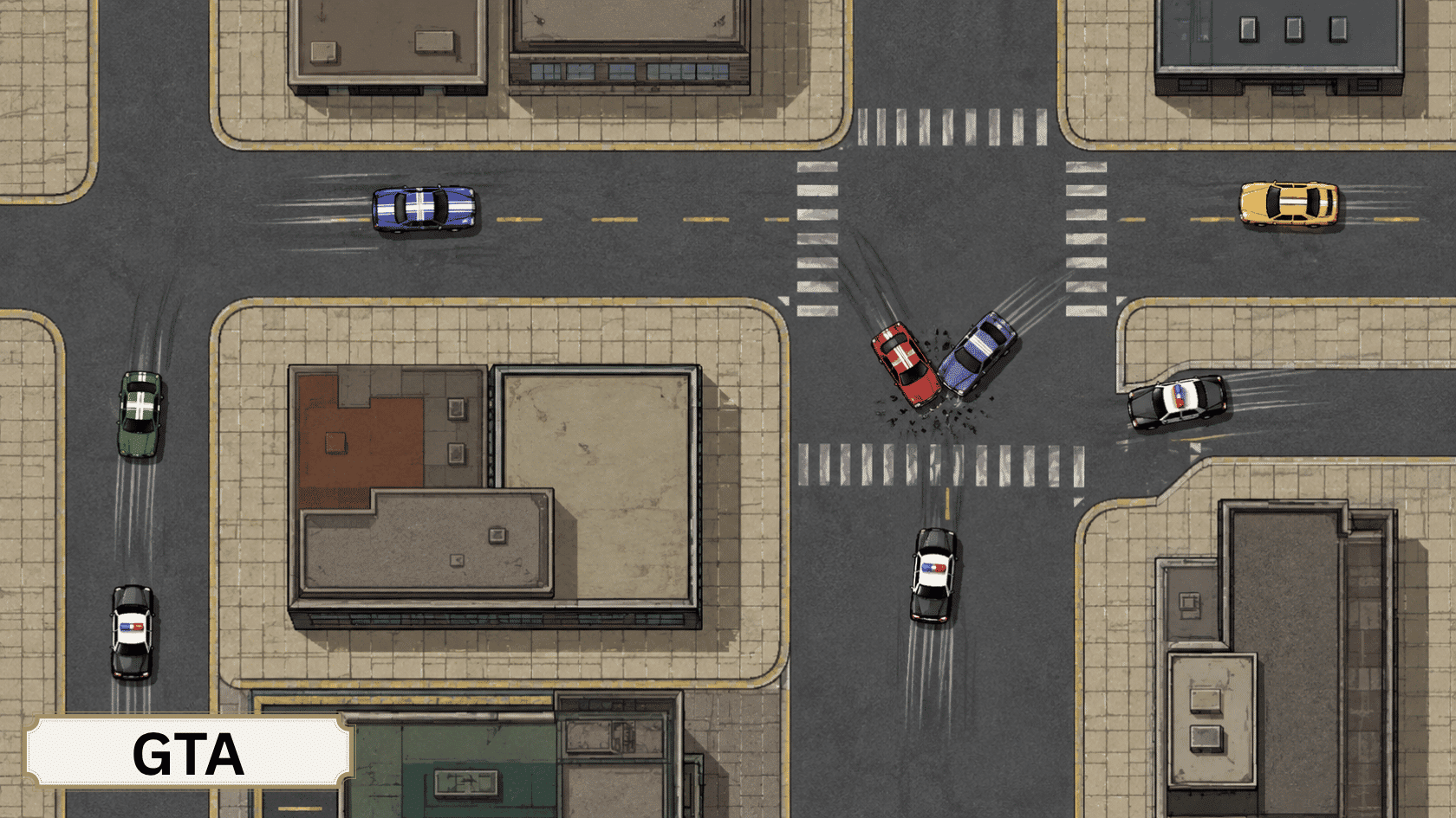 Top-down city street scene with racing cars and police chase, showing early GTA video game facts.