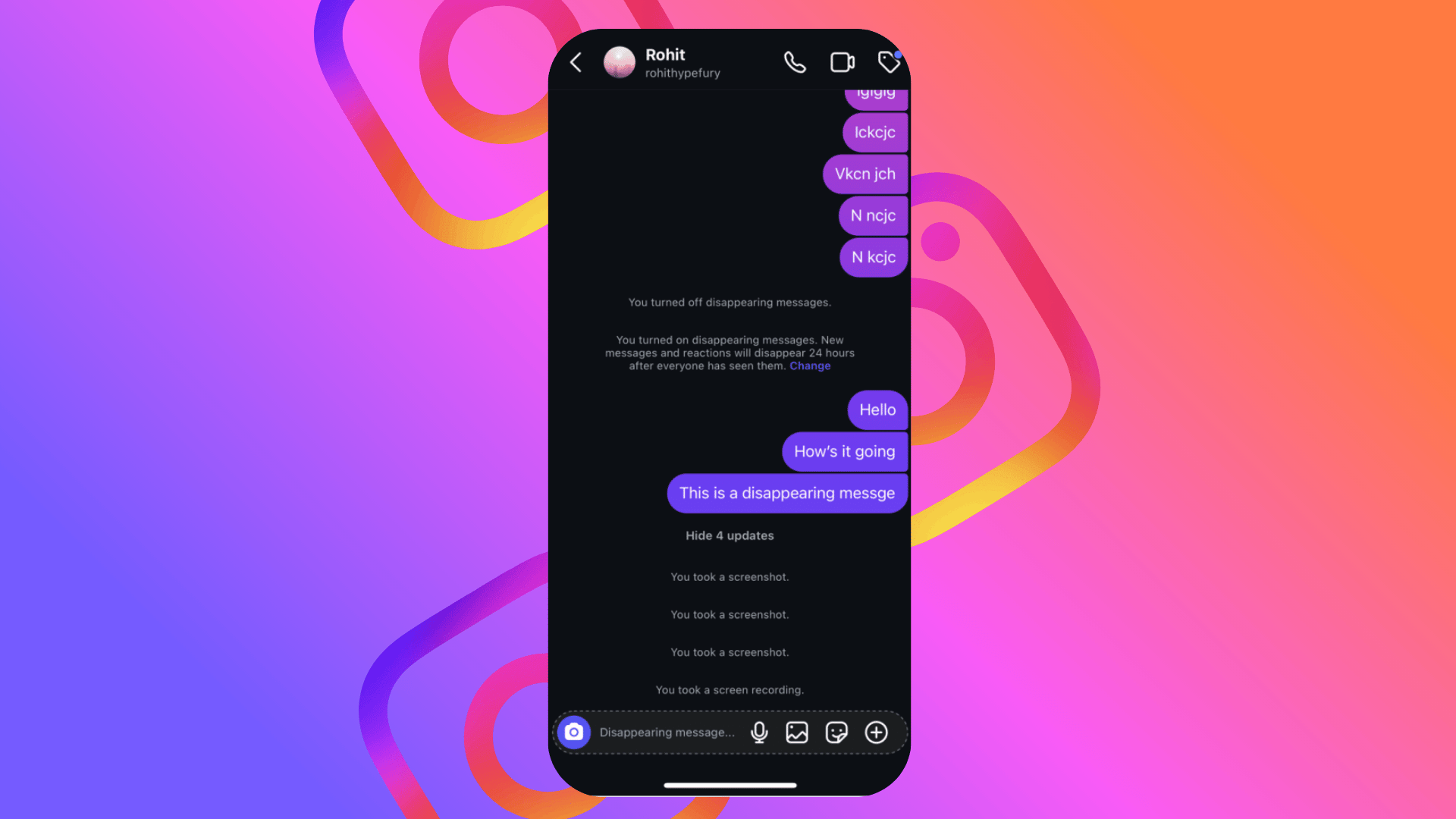 Instagram disappearing message chat screen showing a conversation with vanish mode enabled.