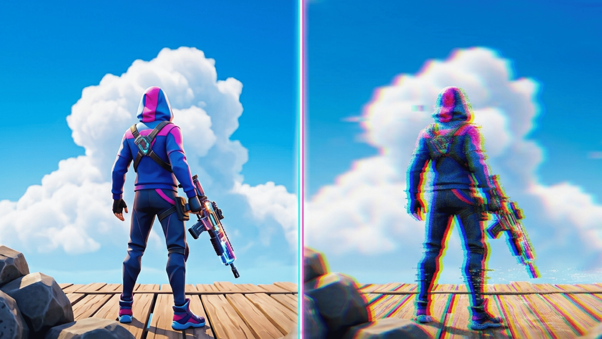 Video game character with visual distortion effects showing a comparison of gameplay connection quality.