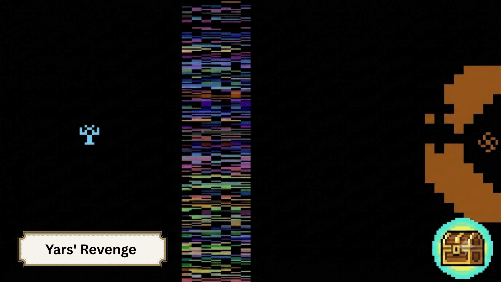 Video game Yars' Revenge showing a blue insect character on the left, a colorful glitching neutral zone in the center, and a brown shield shape on the right.