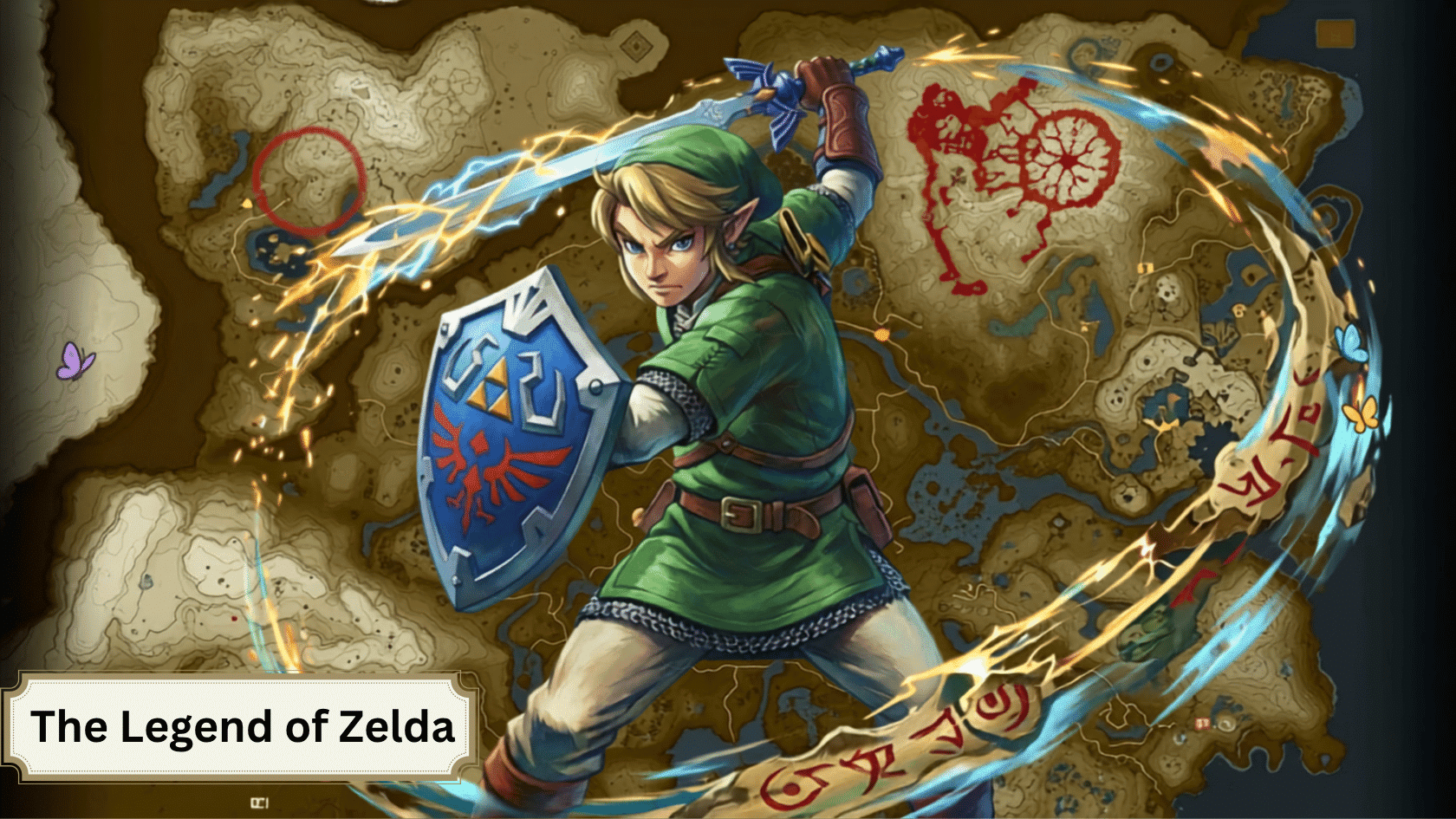 warrior in a green tunic striking an action pose with a sword and shield, set against an aged parchment map background.