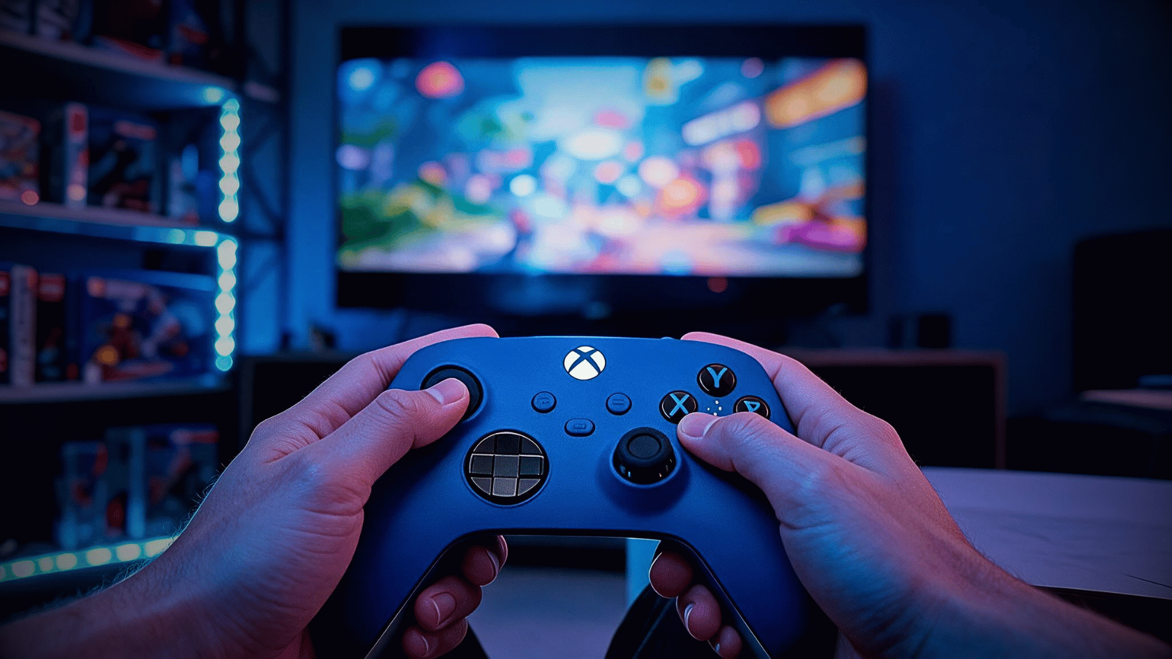 Hands holding a gaming controller while playing a video game on a TV screen in a blue-lit room.