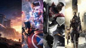 Live service game examples featuring futuristic worlds, armored heroes, and action-packed multiplayer battle scenes.