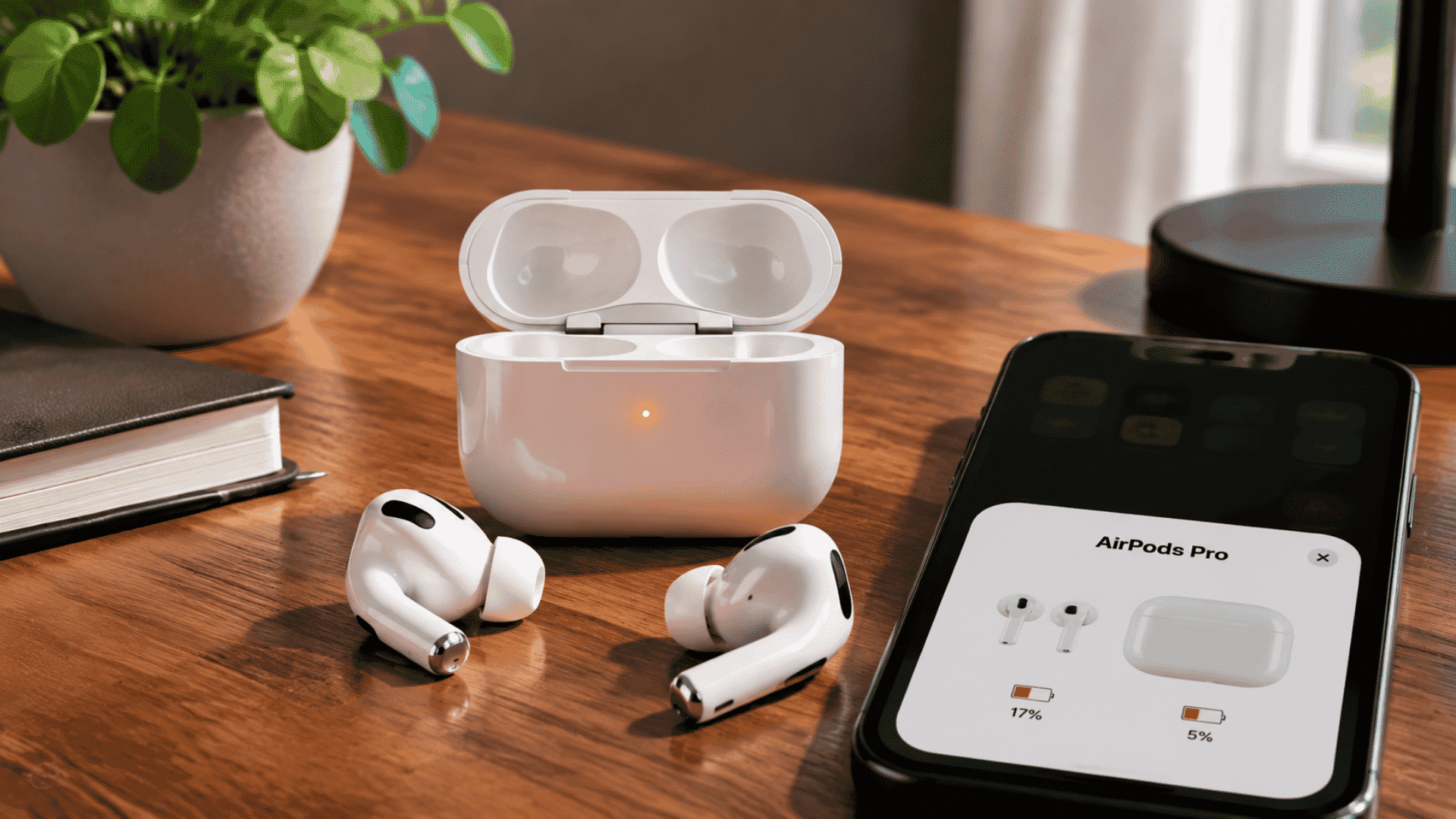 airpods pro battery life display with earbuds, charging case, and iPhone battery status screen on a desk