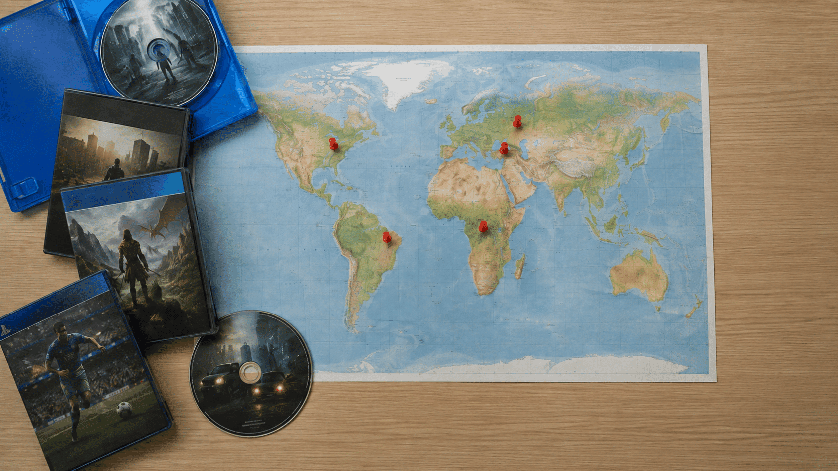 World map with red location pins beside video game cases and discs, representing video game bans in different countries.