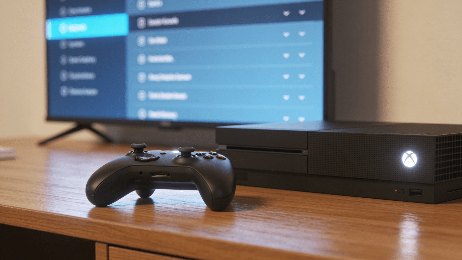 Xbox console with controller on a desk and a gaming menu displayed on a monitor.