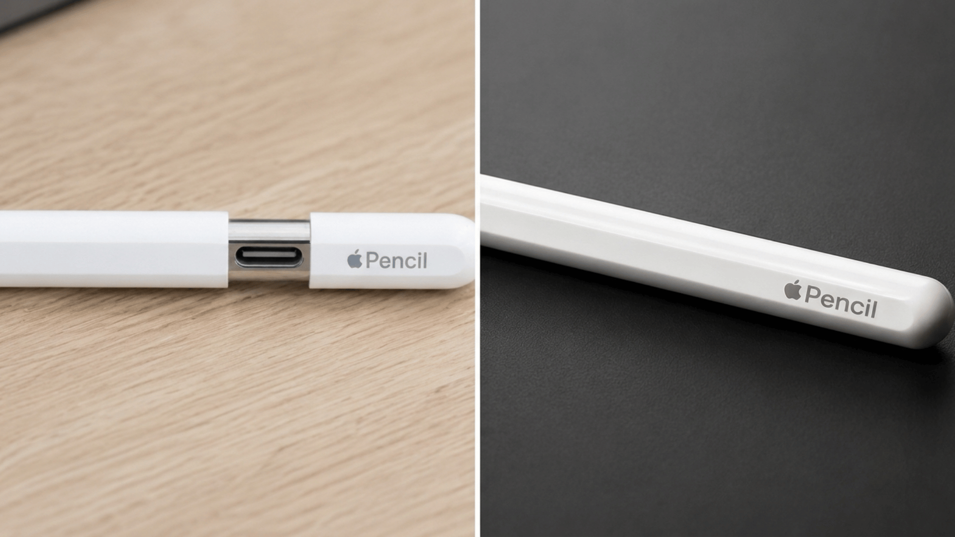 Apple Pencil USB-C and Apple Pencil Pro compared side by side with different charging designs and finishes.