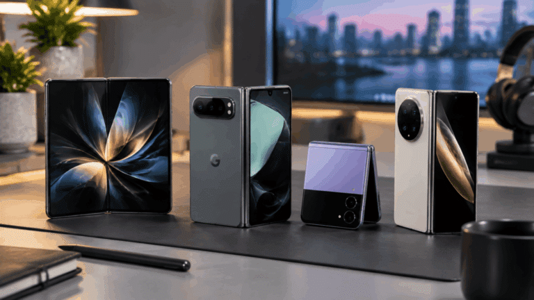 best foldable phone with multiple foldable smartphones displayed on a desk with open and closed screens
