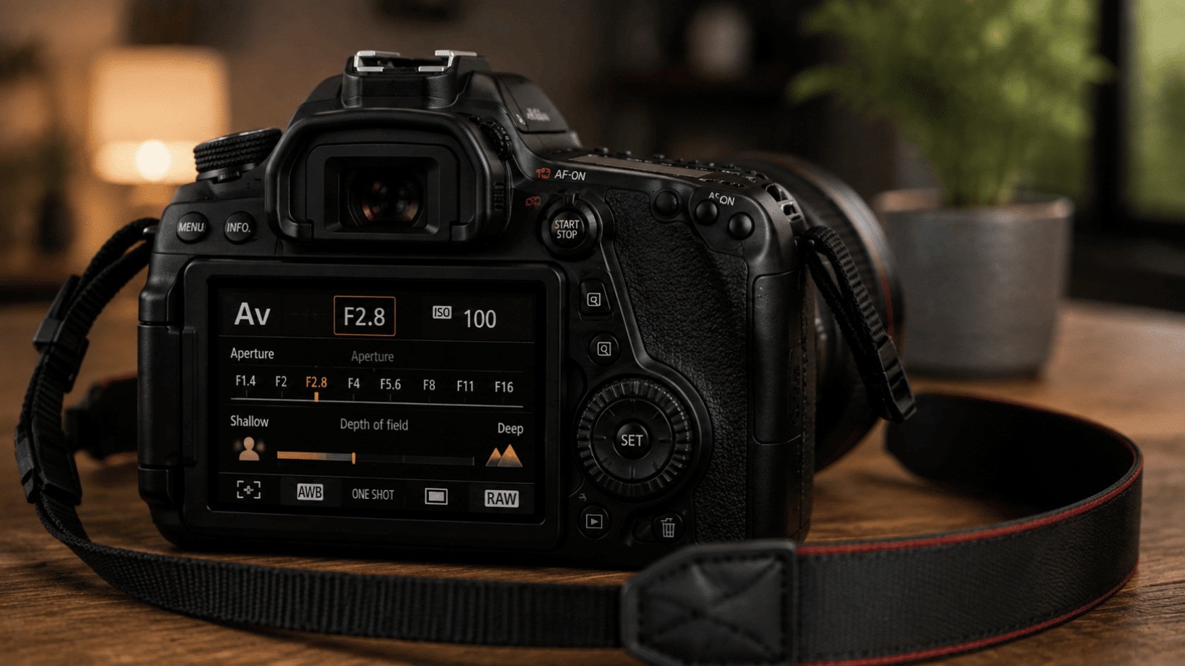 Camera settings display on a DSLR showing aperture, ISO, and depth of field controls.